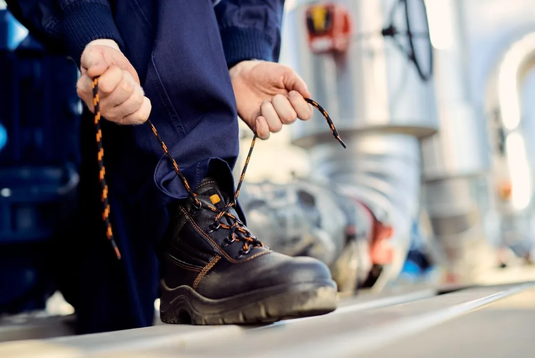 man tying shoelace of his Caterpillar Safety Shoes