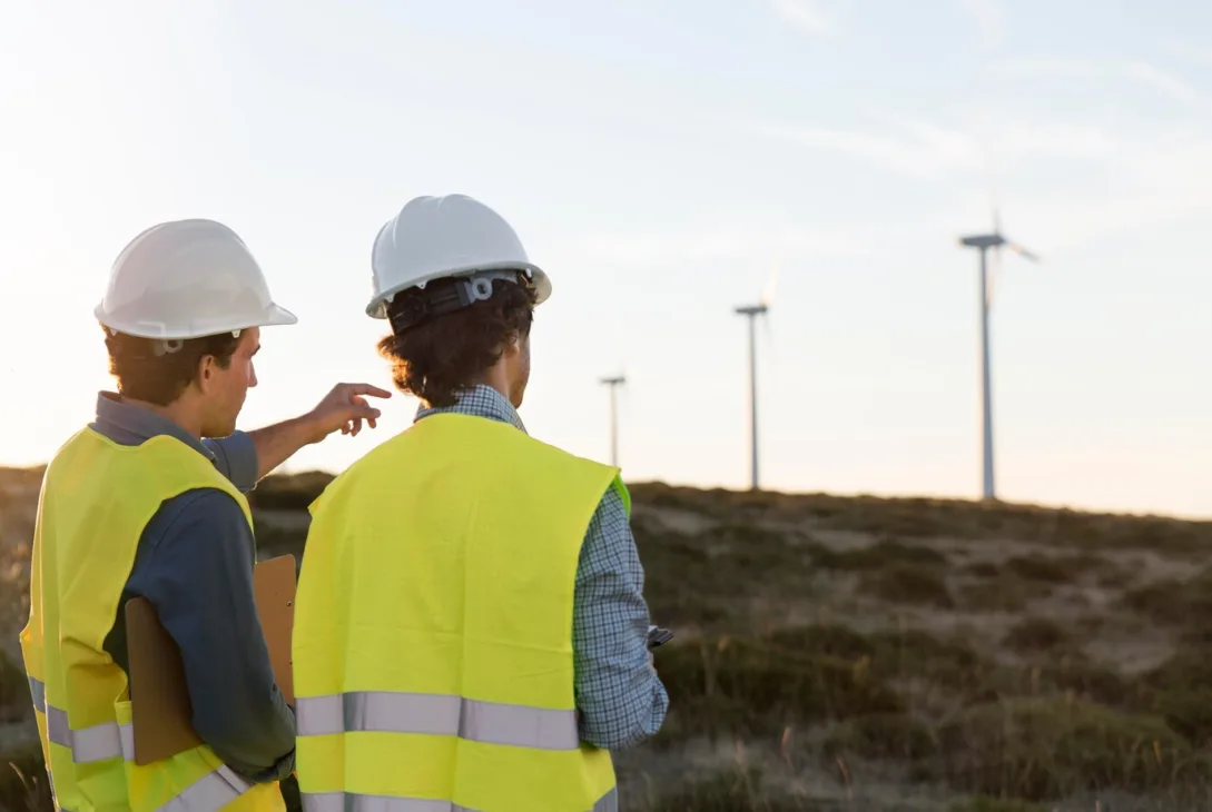 Two men looking and pointing at windmills