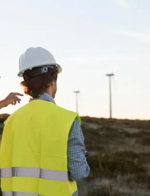 Two men looking and pointing at windmills