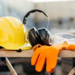 safety gear and equipment on a wooden table at a construction site