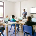 teacher explaining to students in an international primary school