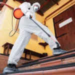 man in a protective suit and mask sprays Termiticide for termite control in the house