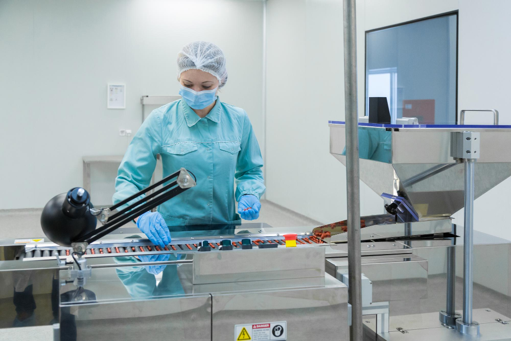 a pharmacist observing supplement pills in a food manufacturing company
