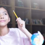 A female student in an international school's library