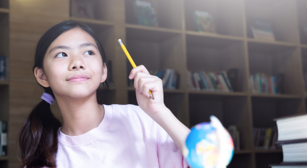 A female student in an international school's library