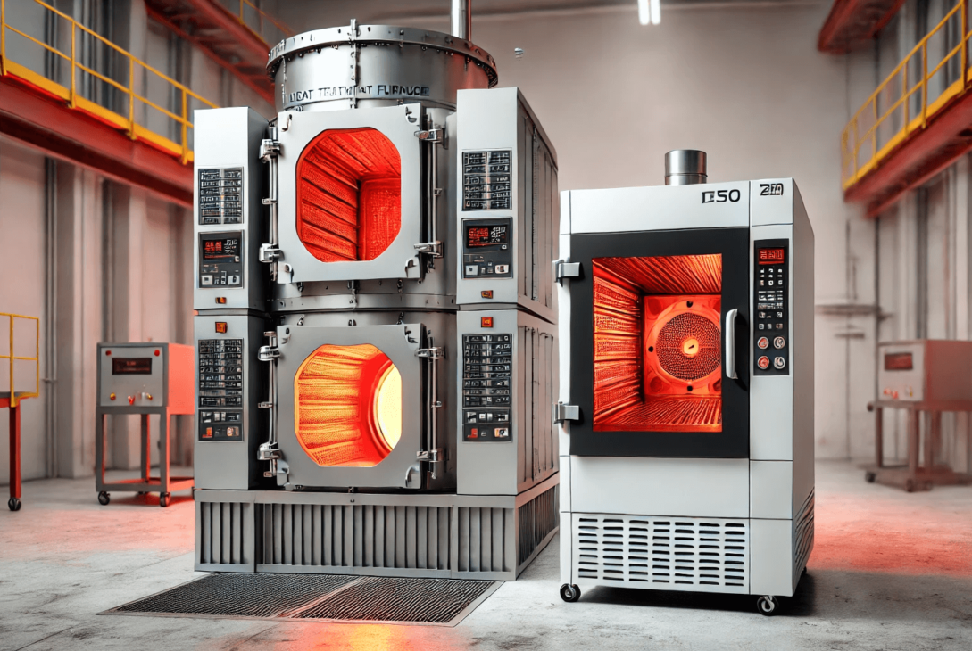Side-by-side comparison of a heat treatment furnace with a glowing red interior and a vacuum drying oven with a transparent door in an industrial setting.