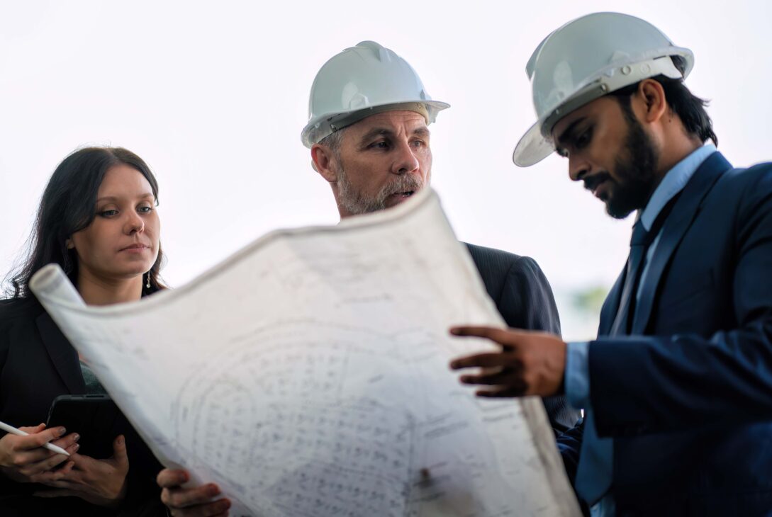 Engineering consultant visit construction site and discuss with senior engineer for progress of high rise building infrastructure