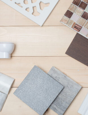 Bathroom wall and floor tile design along with other materials displayed, featuring various colors and textures.