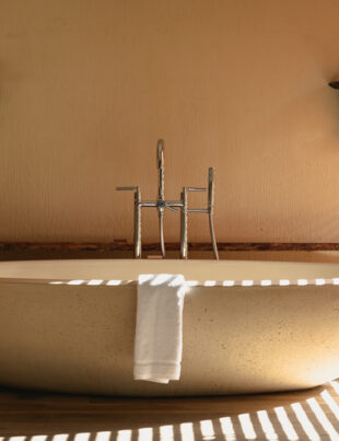 An exquisitely crafted standalone bath tub set against a neutral background.