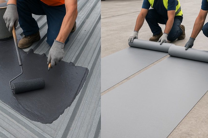 Liquid waterproofing membrane application and sheet waterproof membrane for roof installation on construction surfaces