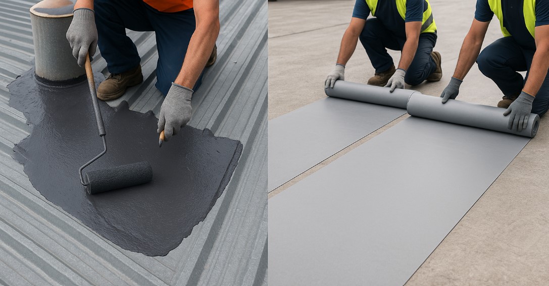 Liquid waterproofing membrane application and sheet waterproof membrane for roof installation on construction surfaces