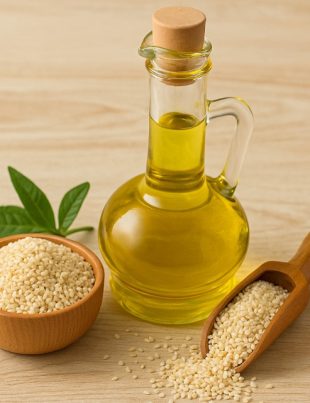 Glass bottle of extra virgin sesame oil with sesame seeds in a wooden bowl and scoop, showcasing sesame oil nutritional benefits