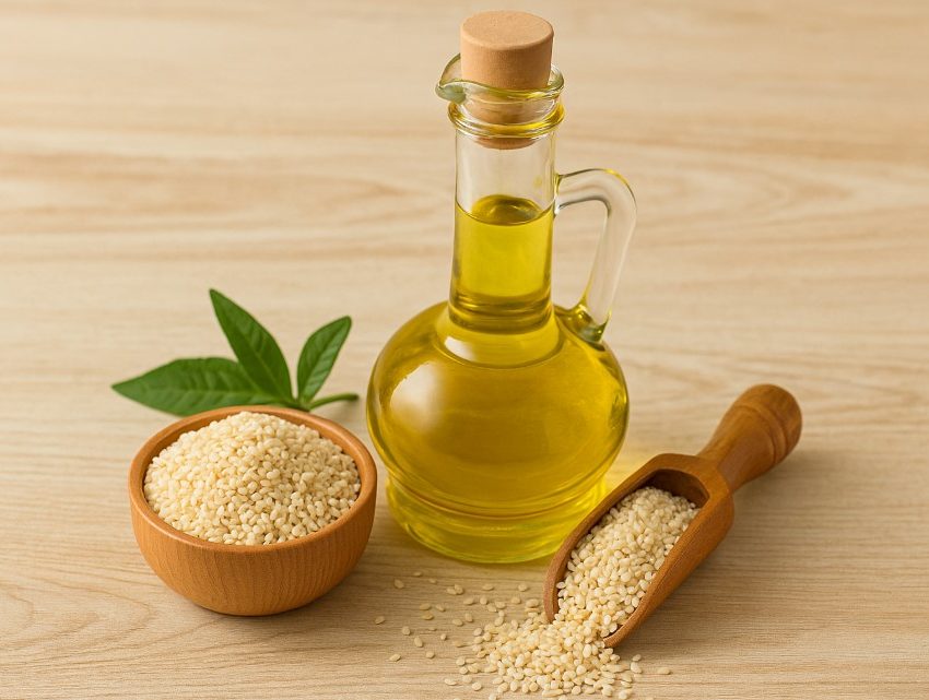 Glass bottle of extra virgin sesame oil with sesame seeds in a wooden bowl and scoop, showcasing sesame oil nutritional benefits