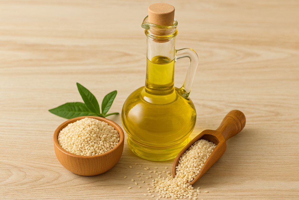 Glass bottle of extra virgin sesame oil with sesame seeds in a wooden bowl and scoop, showcasing sesame oil nutritional benefits