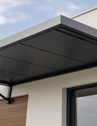Modern awning roof made of ACP aluminium composite panel installed on a building in Malaysia