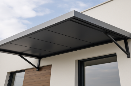 Modern awning roof made of ACP aluminium composite panel installed on a building in Malaysia