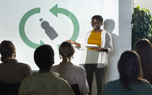 A speaker delivers an engaging lecture on eco-friendly practices at a top event space in Subang Jaya.