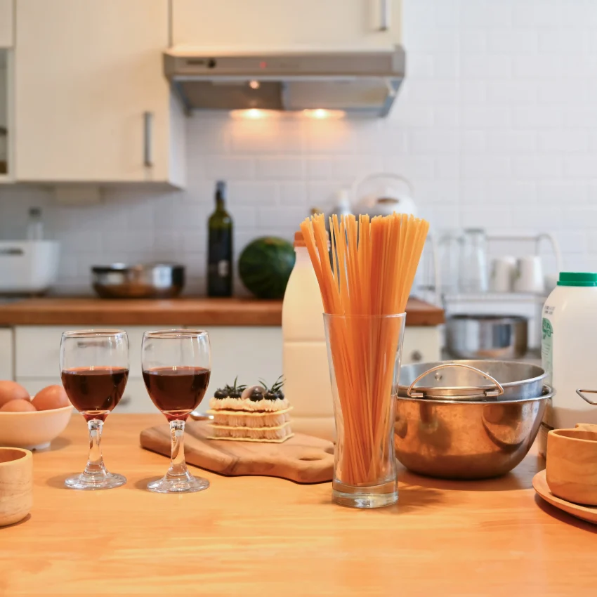 Cozy kitchen scene with glassware and cooking utensils on a wooden countertop.