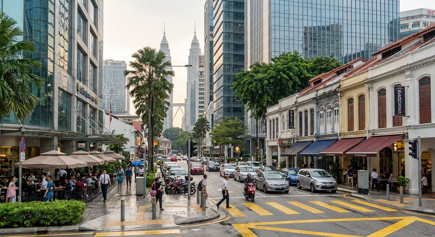 A modern city street in Malaysia, showcasing urban life.