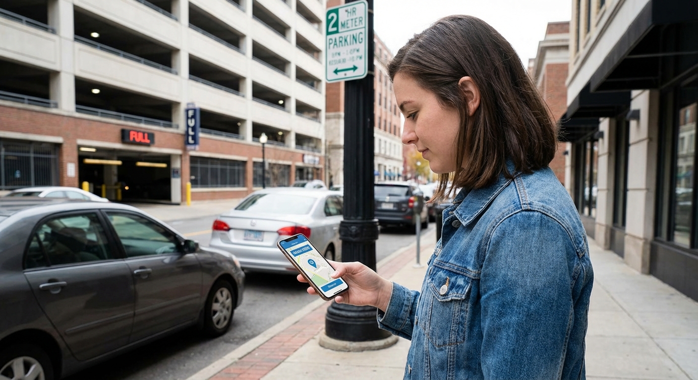 A person using a mobile app to find a parking spot.