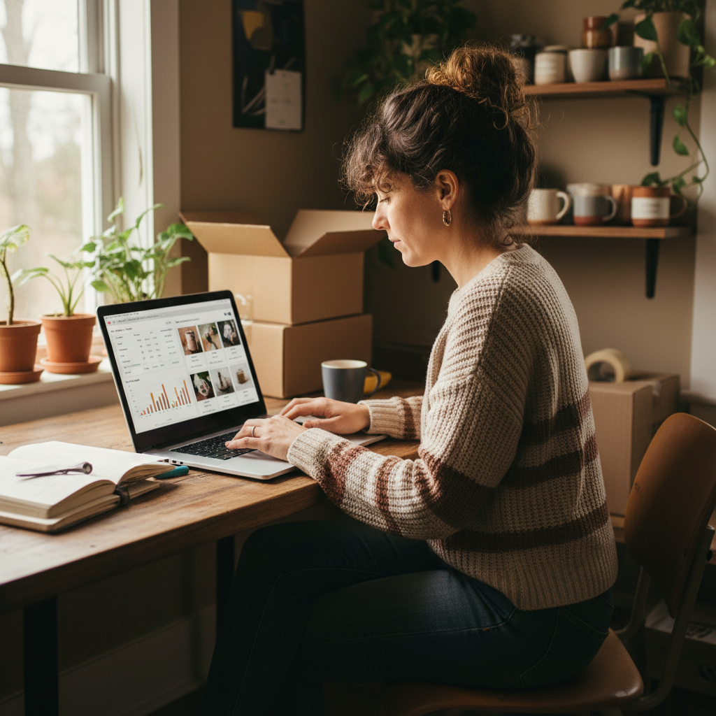 A small business owner using a laptop to manage online sales and inventory.