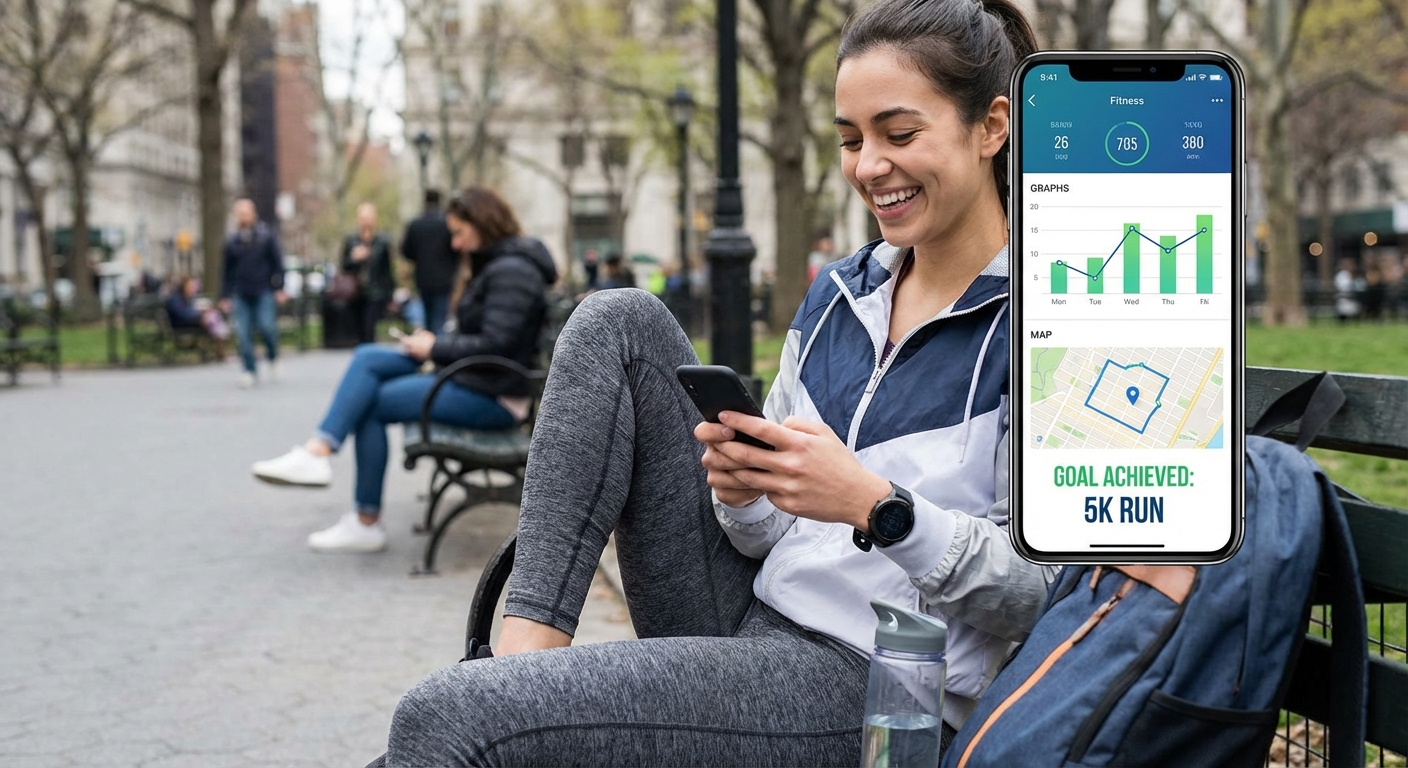 A young person using a smartphone to track their fitness goals on an app.