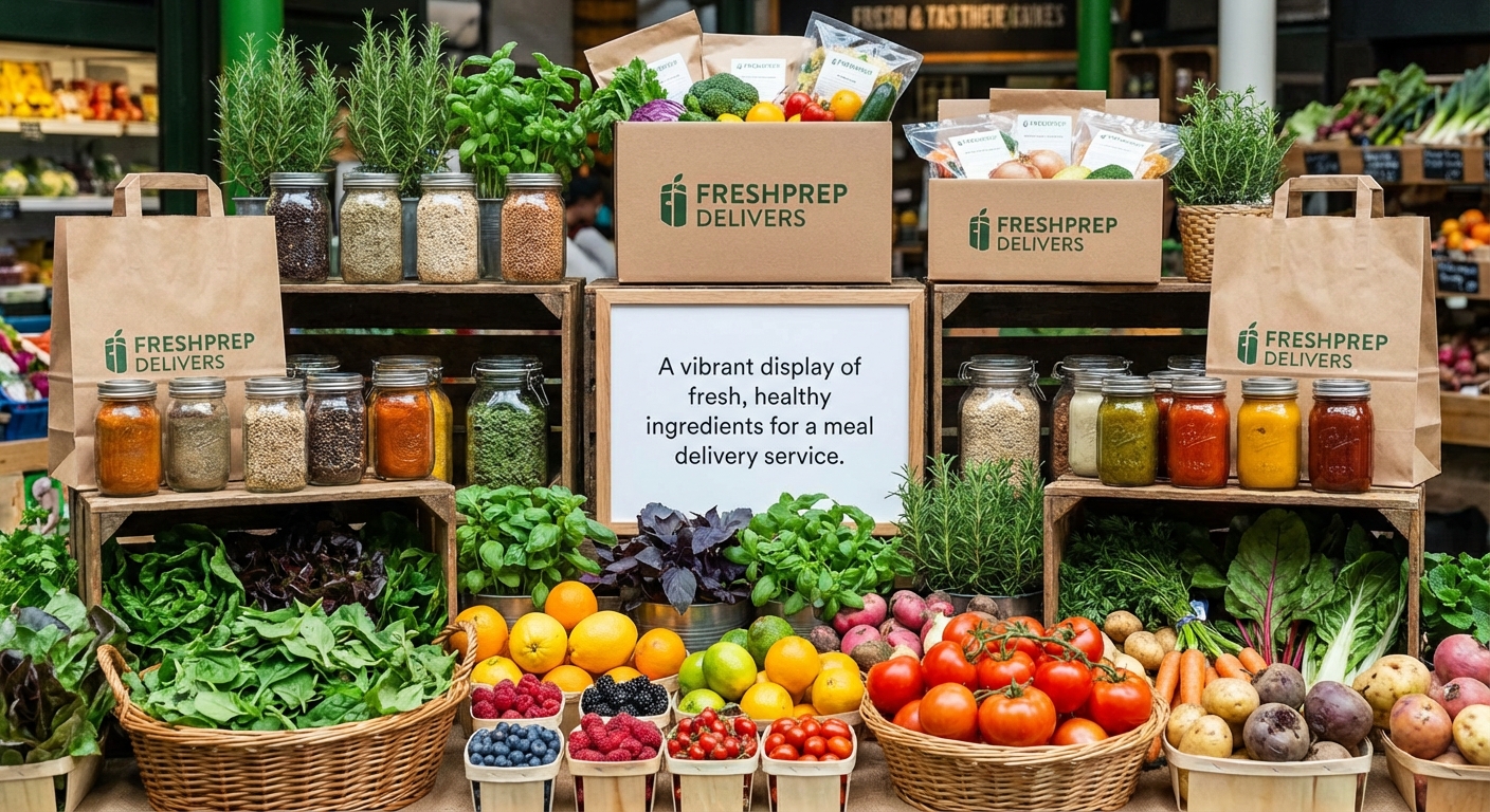 A vibrant display of fresh, healthy ingredients for a meal delivery service.