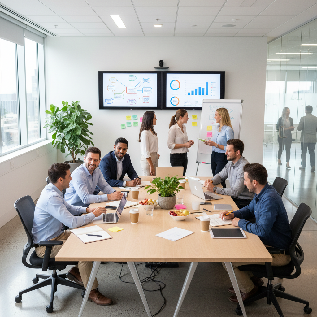 Professionals collaborating during a corporate training session.