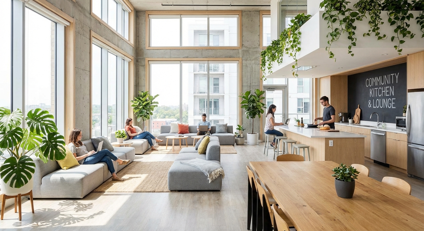 A bright, modern co-living space with communal areas and green plants.