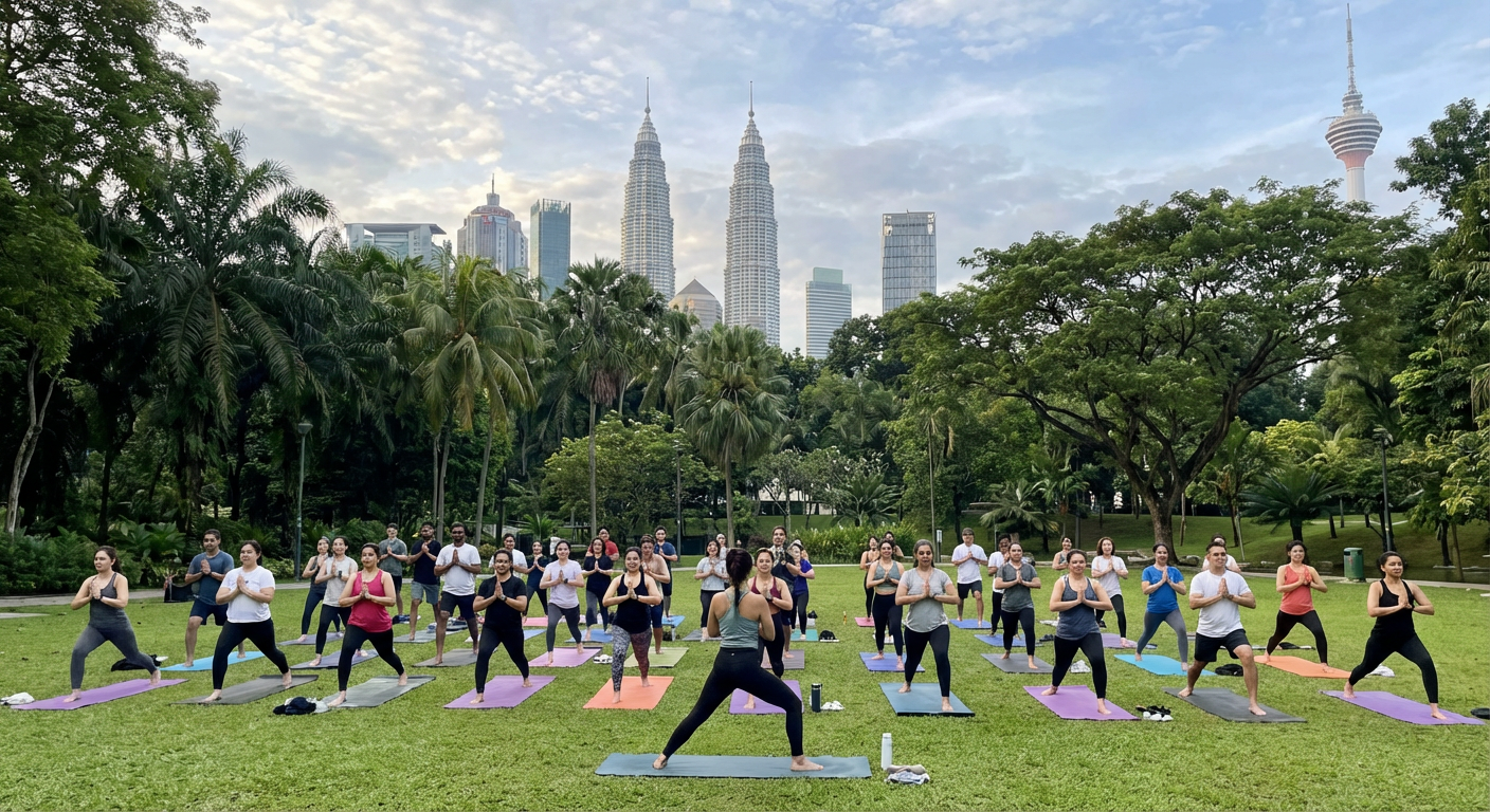 A group of people participating in an outdoor yoga class in a Kuala Lumpur park.