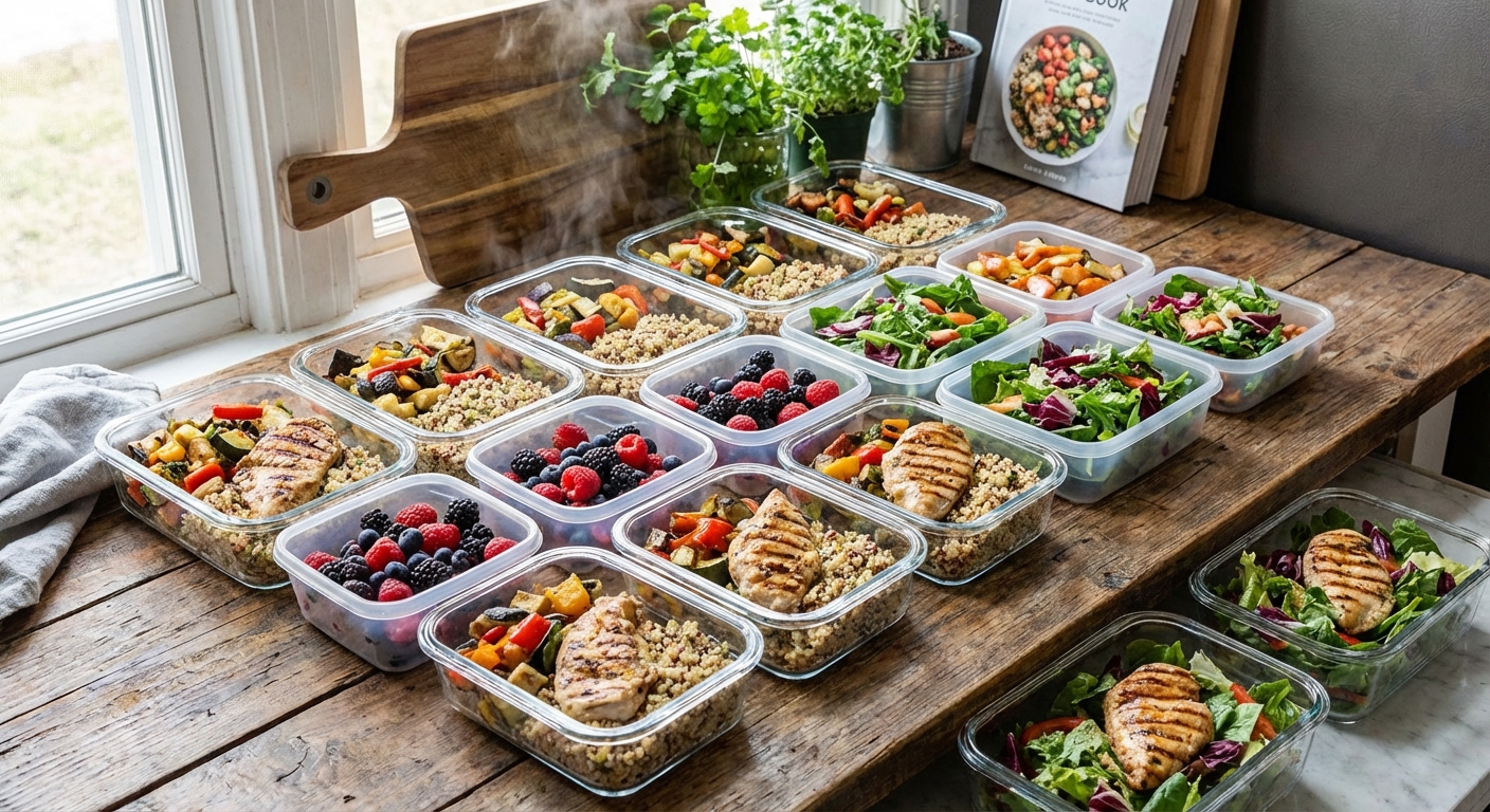 Fresh, healthy meal prep containers arranged neatly on a kitchen counter.