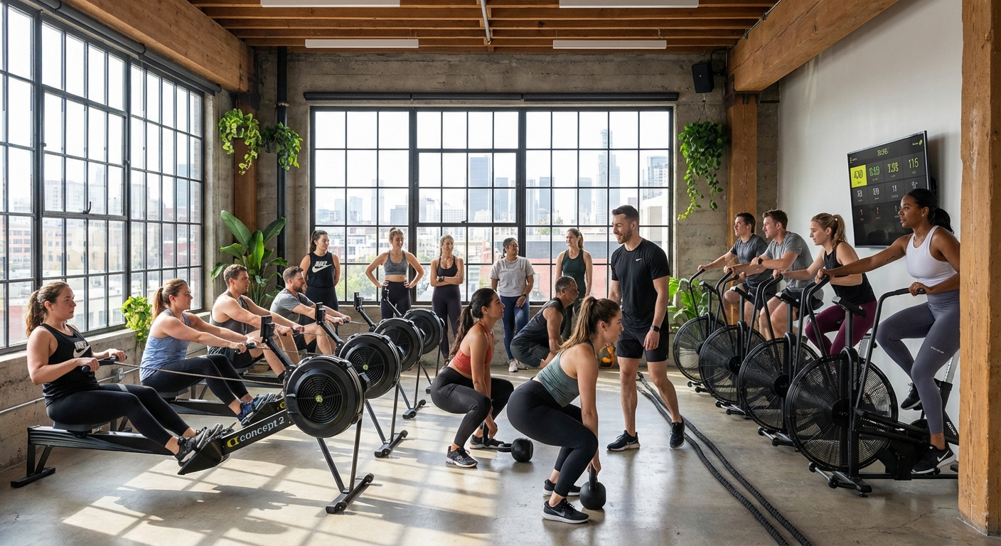 A group of people working out together in a modern fitness studio.