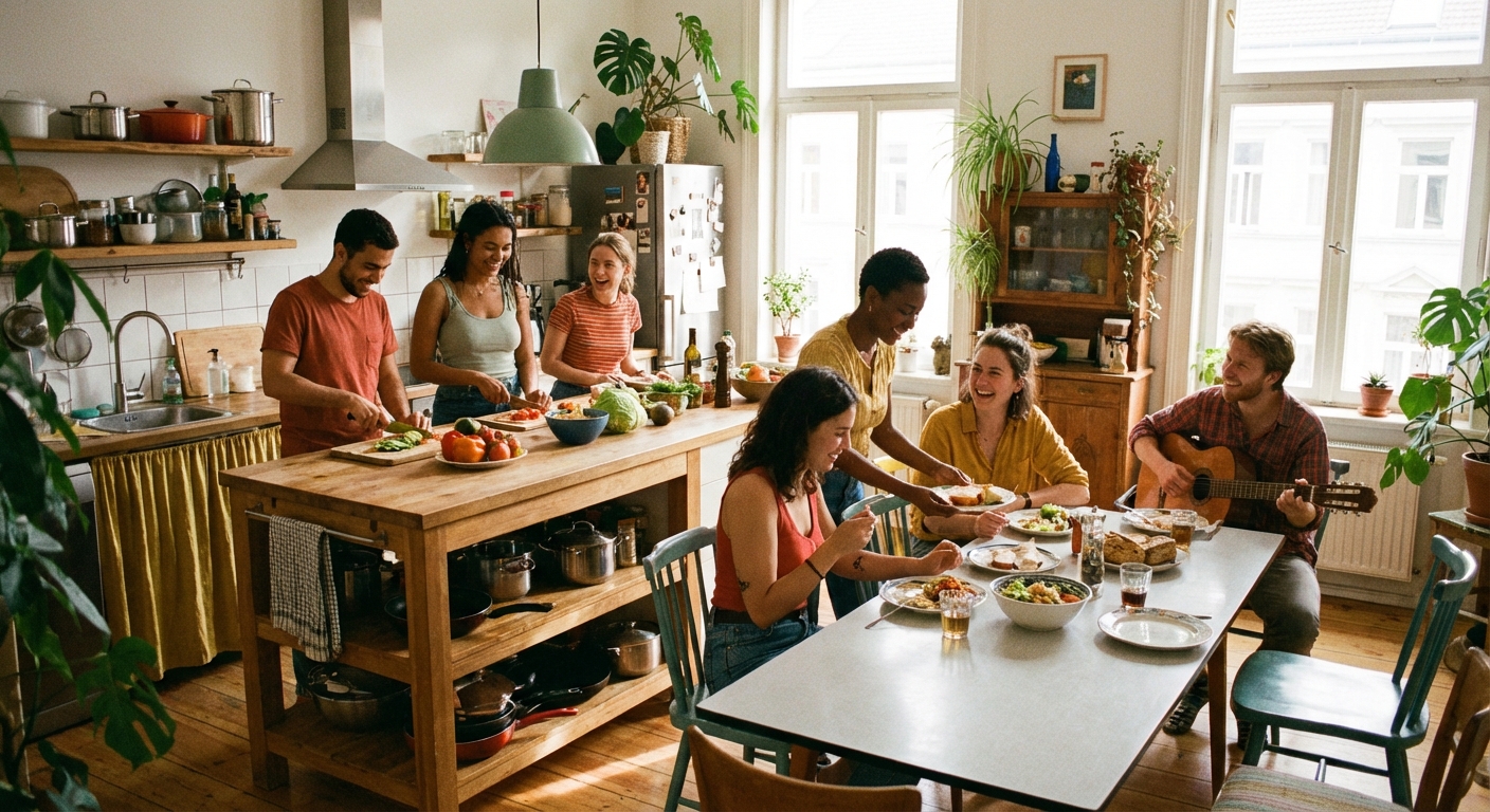 A group of friends enjoying a communal kitchen space in a co-living building.