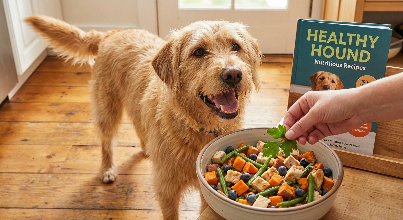 A happy dog enjoying a nutritious, specially prepared meal.