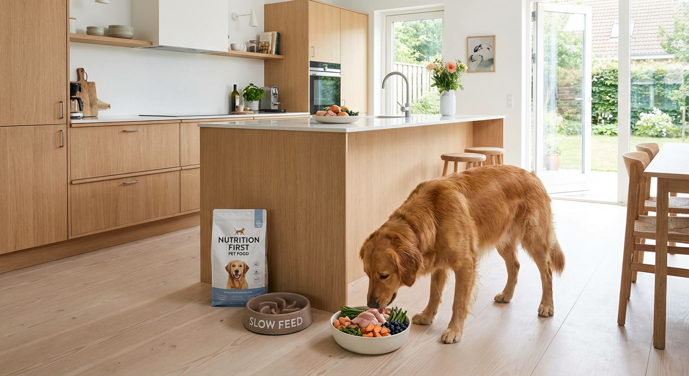 A healthy dog enjoying a nutritious meal in a modern home.