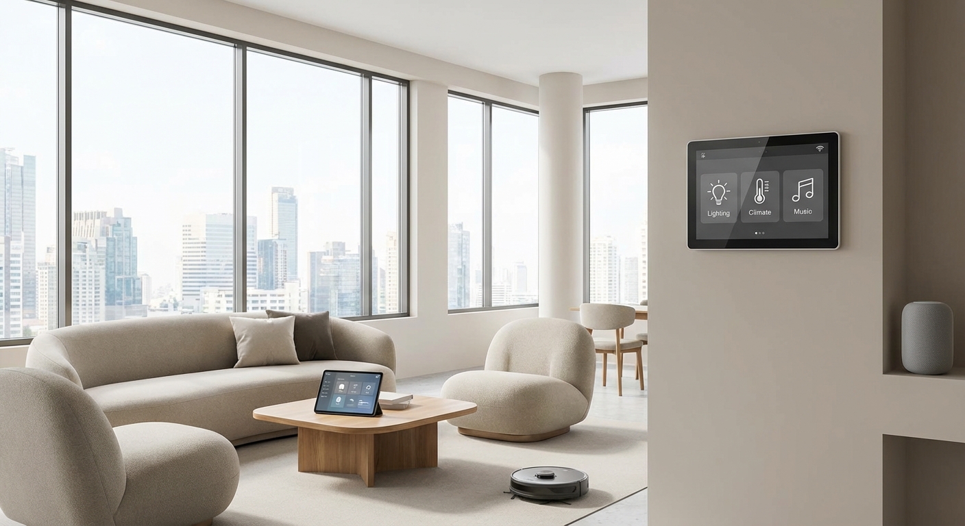 A modern, well-lit living room with smart home controls.
