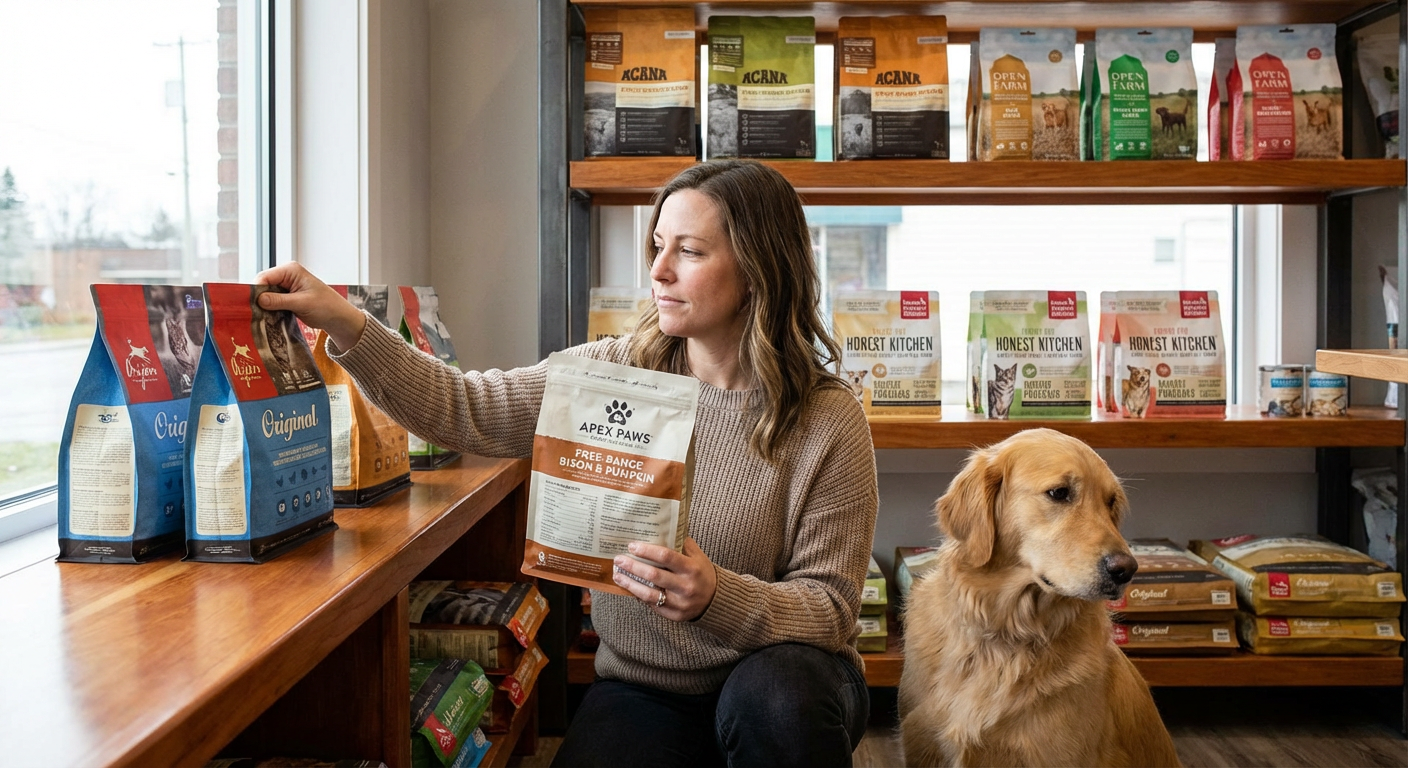 A pet owner carefully choosing from a selection of premium pet food.
