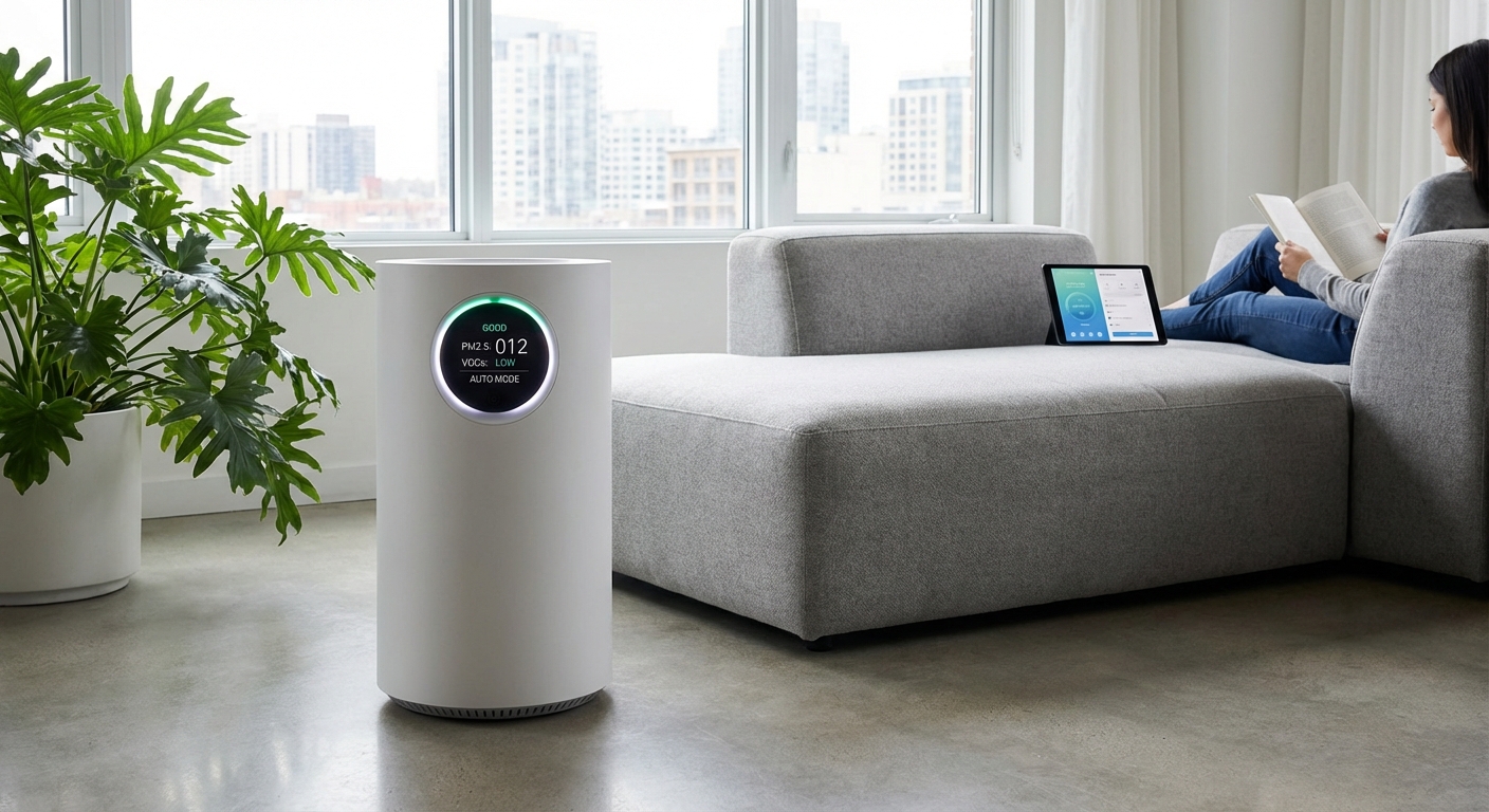 A smart air purifier working in a modern living room.