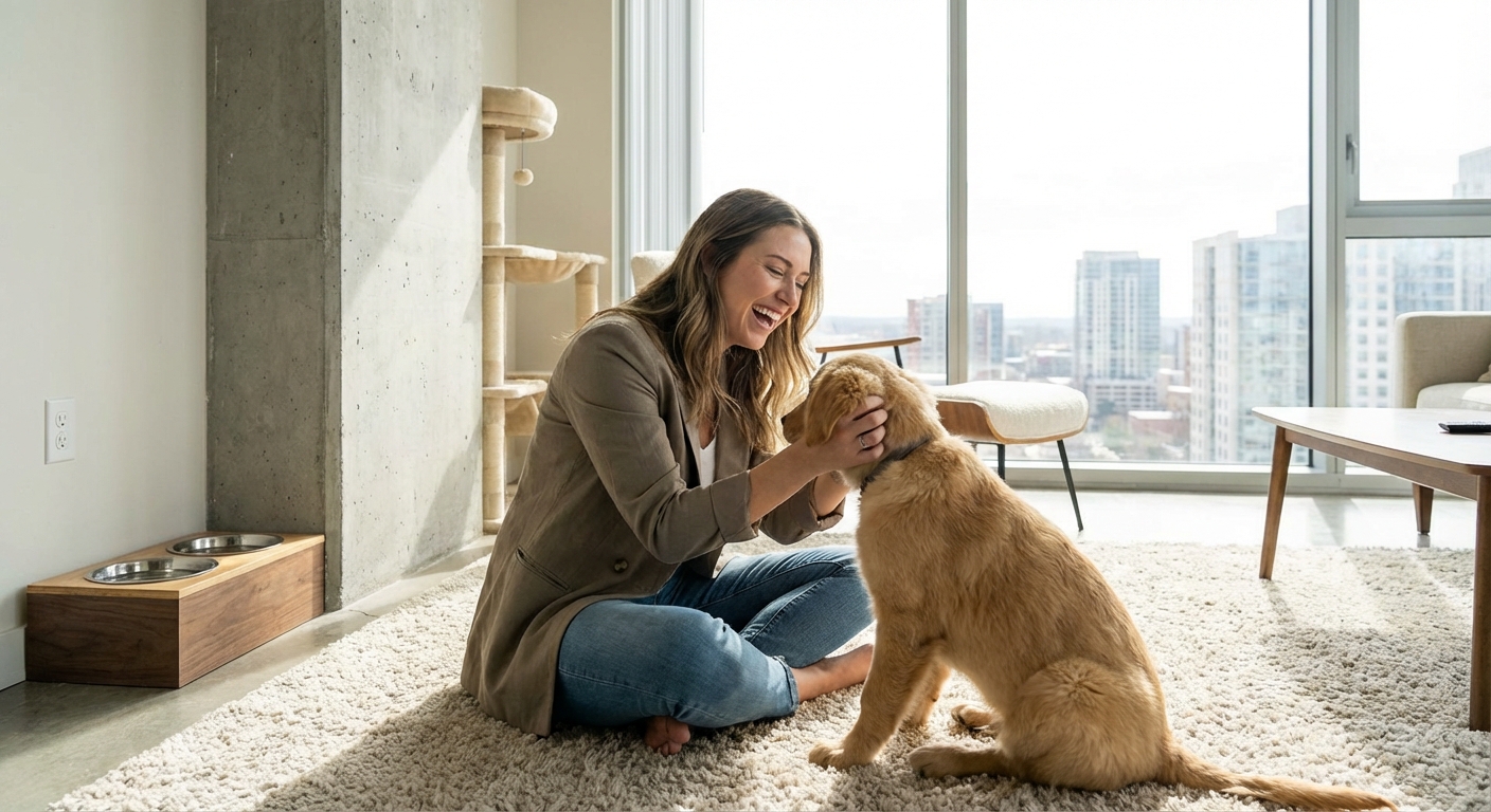 A young professional enjoying a moment with their pet in a modern, pet-friendly condominium.