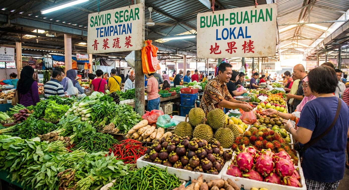 A vibrant display of fresh, locally sourced produce at a Malaysian market.