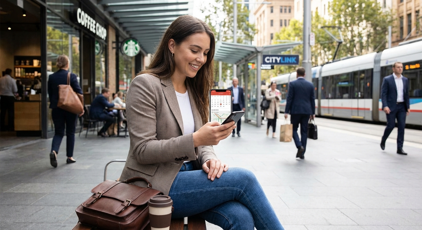 A young professional using a smartphone to manage daily urban tasks.