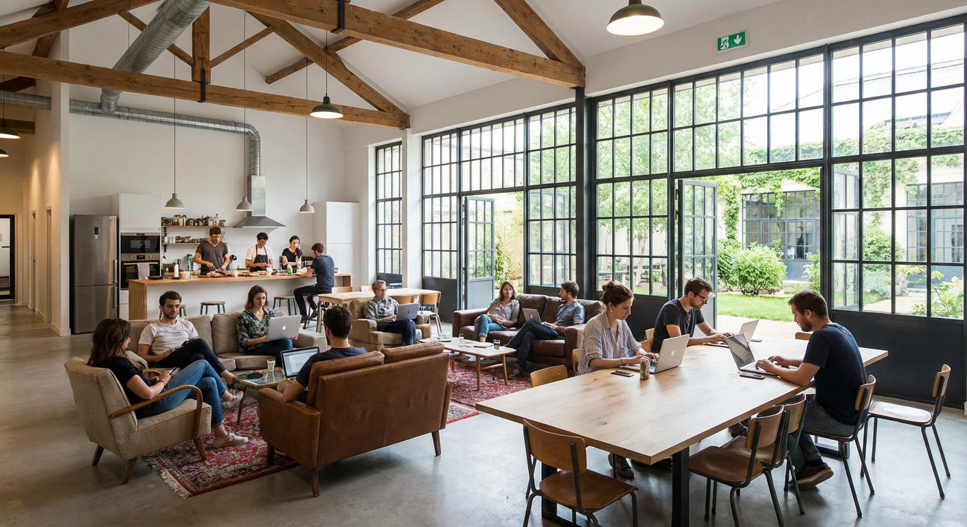 Communal living and working space in a modern co-living facility.