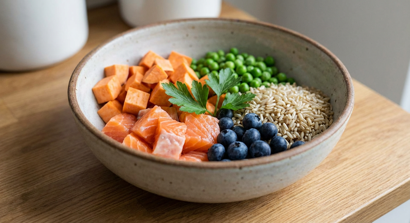 Close-up of high-quality, natural pet food ingredients in a bowl.