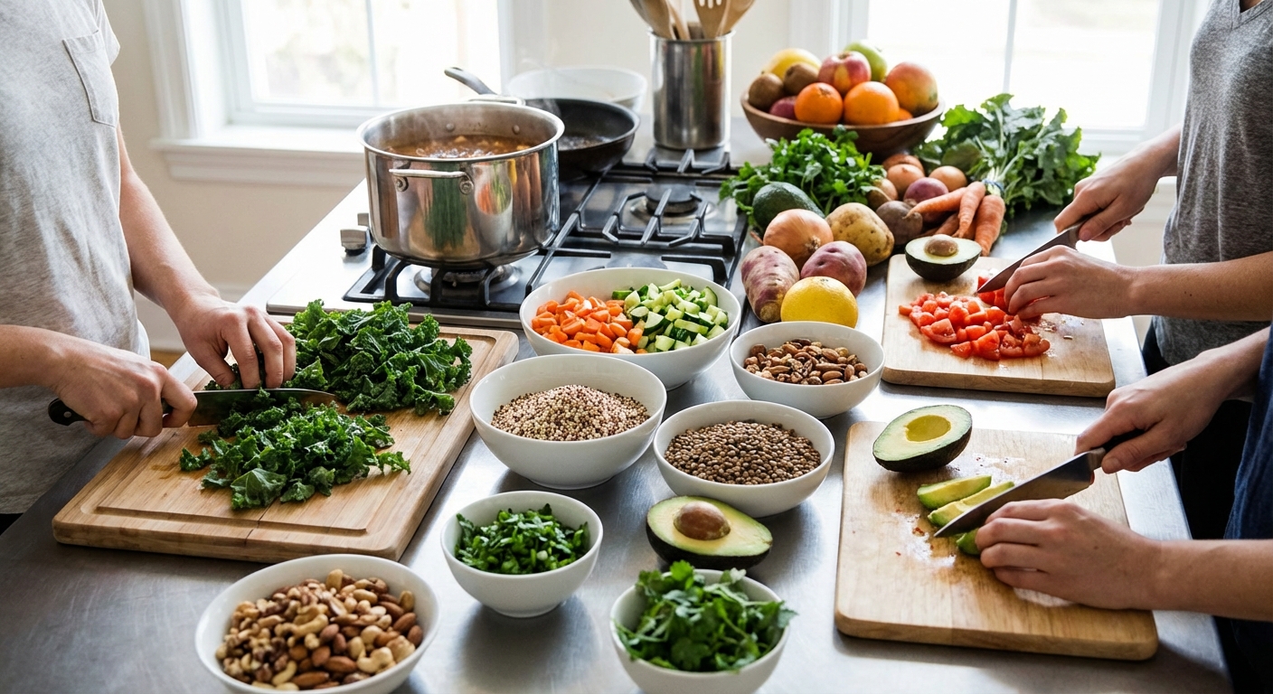 Fresh, healthy ingredients being prepared for a nutritious meal.