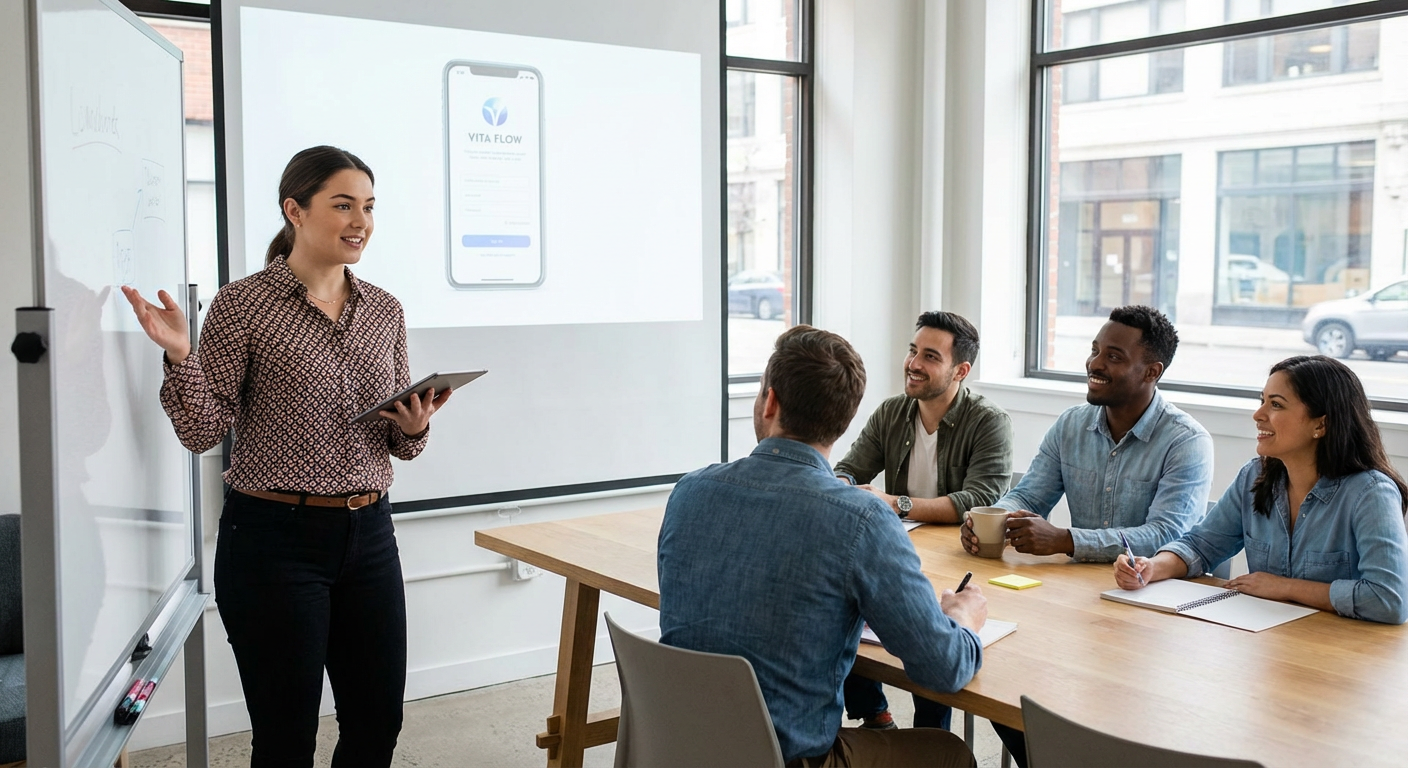 A young entrepreneur presenting a wellness app concept to their team.