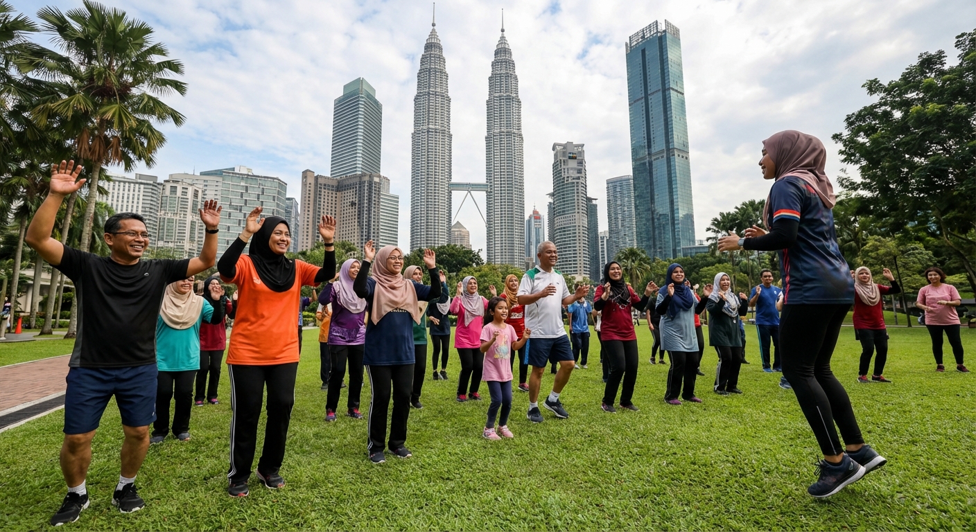 Malaysians engaging in an outdoor group fitness class.