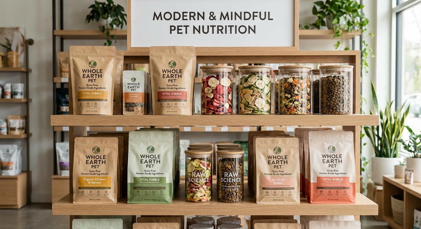 Modern, health-conscious pet food options displayed on a shelf.