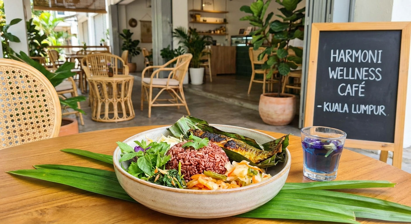 A beautifully presented healthy meal from a Malaysian wellness cafe.