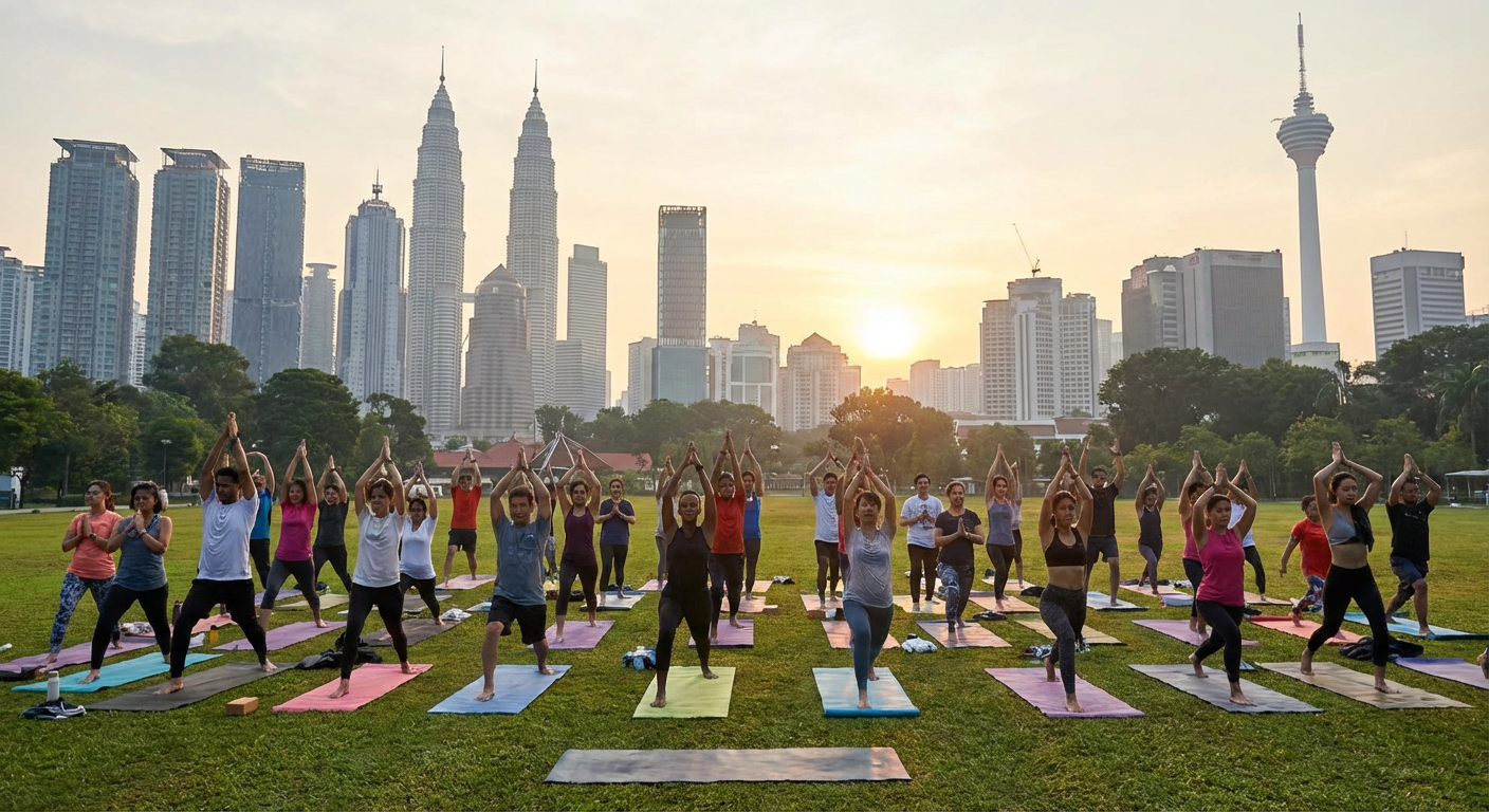 A group of people participating in an outdoor yoga session in Kuala Lumpur.