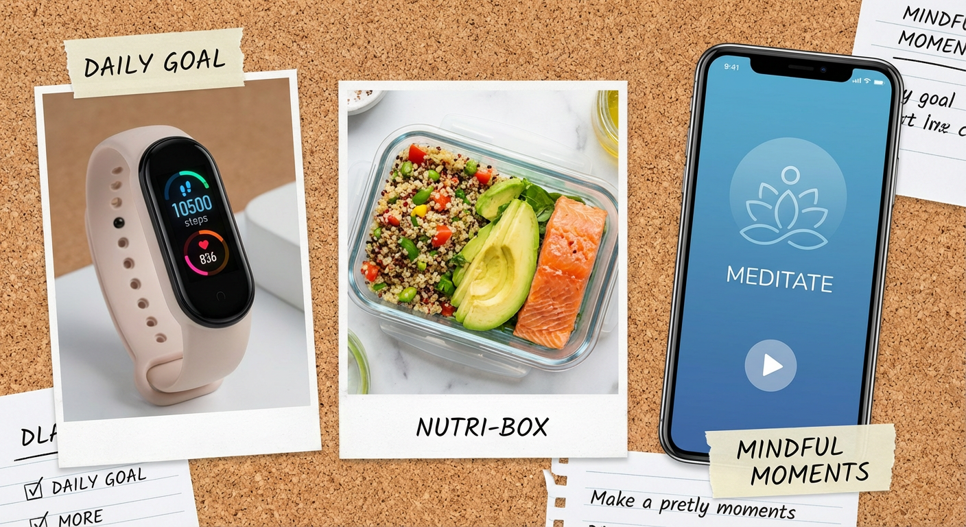 A collage of innovative health products: a fitness tracker, a healthy meal box, and a meditation app.